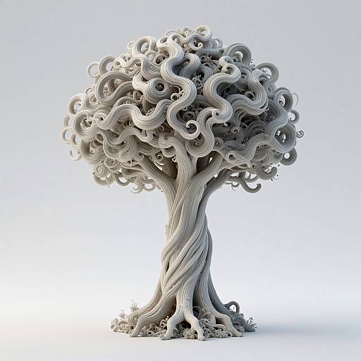 Digital sculpture of a surreal, twisted tree with swirling, cloud-like branches and a gnarled, intertwining trunk against a white background.