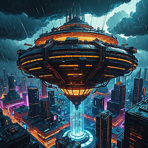 Gigantic Hive Mind Processor Above Neon City