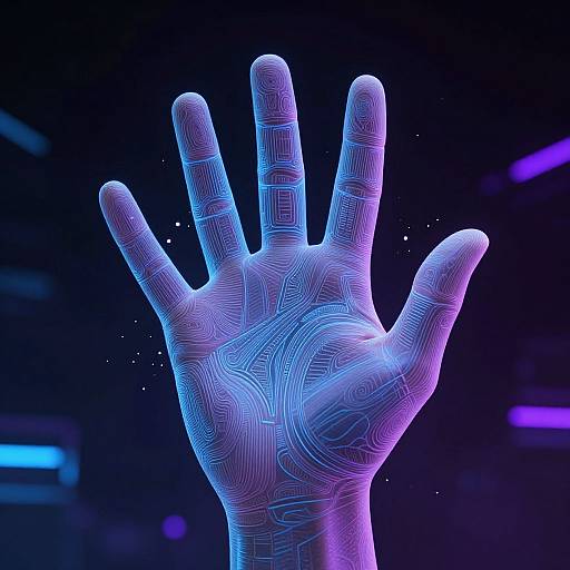 Digital CGI image of a glowing, neon-blue, circuit-patterned hand with fingers spread, set against a dark, futuristic background.