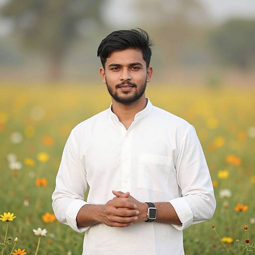 Photograph of a young South Asian man with dark hair and beard, wearing a white long-sleeve shirt, standing in a colorful field with yellow