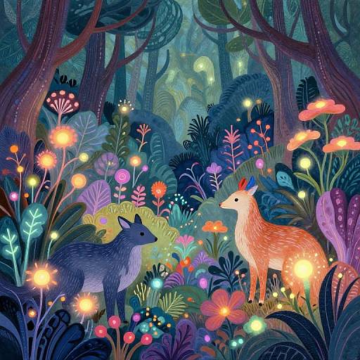 Vibrant digital illustration of a colorful forest at night, featuring a blue wolf and a glowing orange deer surrounded by luminescent flowers and fungi.