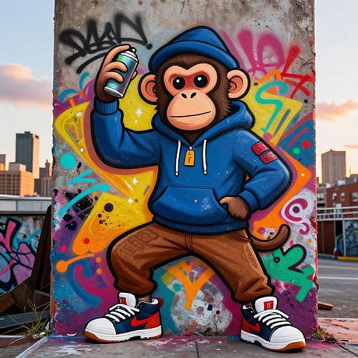 Photograph of a graffiti-covered concrete pillar featuring a cartoon monkey in a blue hoodie, brown pants, and sneakers, holding a spray can, with colorful