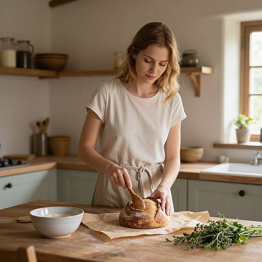Photograph of a blonde woman in a white shirt slicing a loaf of bread on a wooden kitchen counter with herbs nearby.