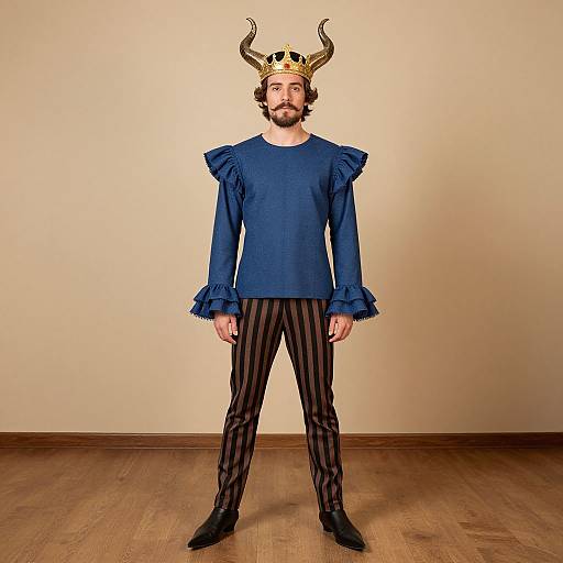Photograph of a bearded man in a blue shirt with frilled sleeves, black striped pants, black shoes, and a golden horned crown,