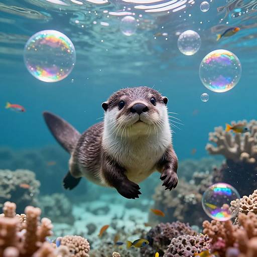 Playful Otter in Dreamy Underwater Bubbles