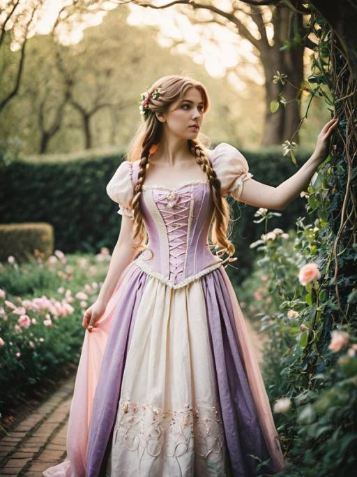 Woman in Vintage Rapunzel Costume in Garden