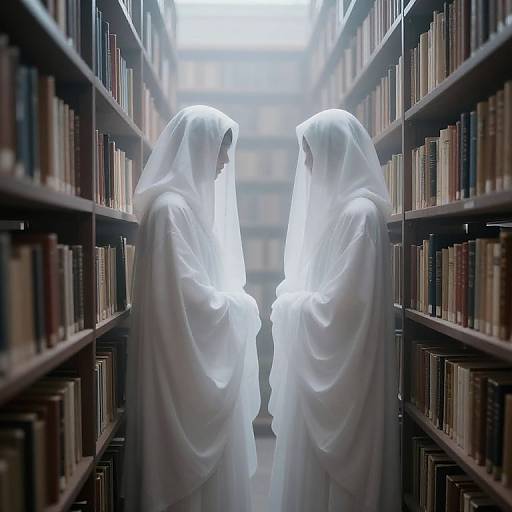 Photograph of two ethereal, white-robed ghost-like figures standing face-to-face in a dimly lit, narrow library aisle with bookshelves