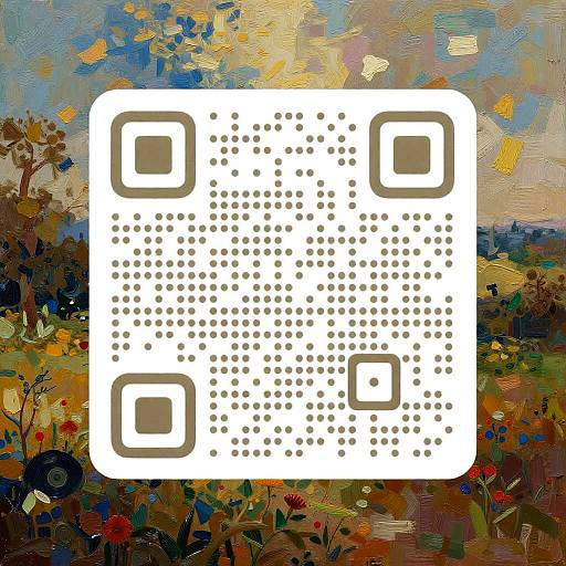 Abstract digital artwork with a white, dotted QR code overlay on a colorful, textured background of abstract plants and foliage.