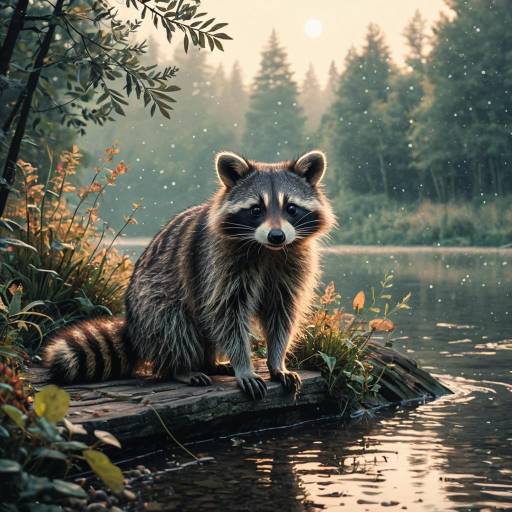 Raccoon by Misty Riverside at Sunrise