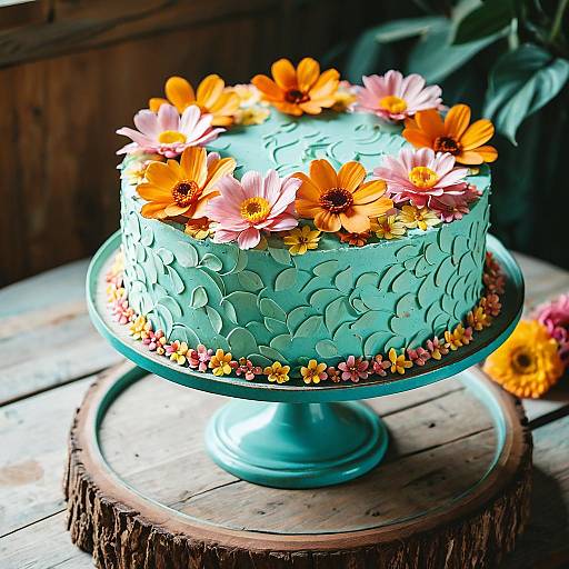 Floral-Textured Cake on Turquoise Stand