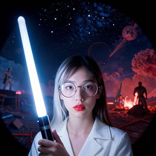 Photograph of a young woman with long blonde hair, red lipstick, round glasses, holding a glowing white lightsaber, in a starry, sci