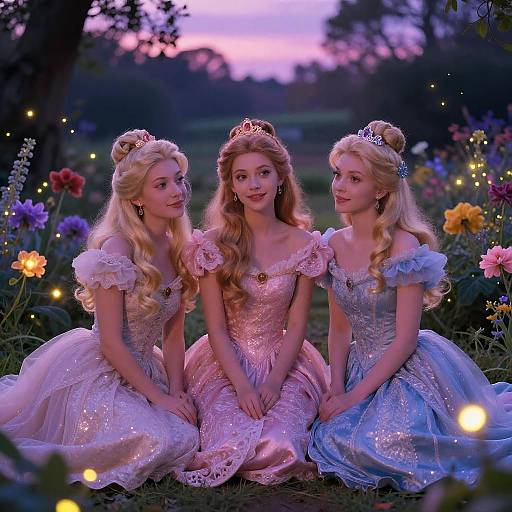 Photograph of three blonde, fair-skinned princesses in sparkly pastel gowns, tiaras, sitting in a magical, twilight garden with