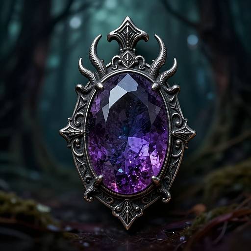 Photograph of an ornate, silver pendant with a large, faceted purple gemstone, set in a dark, mystical forest with blurred, shadow