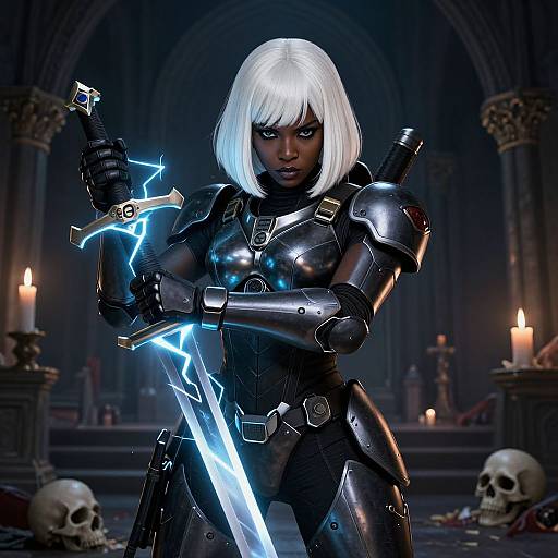 Digital artwork of a dark-skinned, white-haired woman in glowing blue armored suit, holding a electrifying sword, standing in a dimly lit Gothic