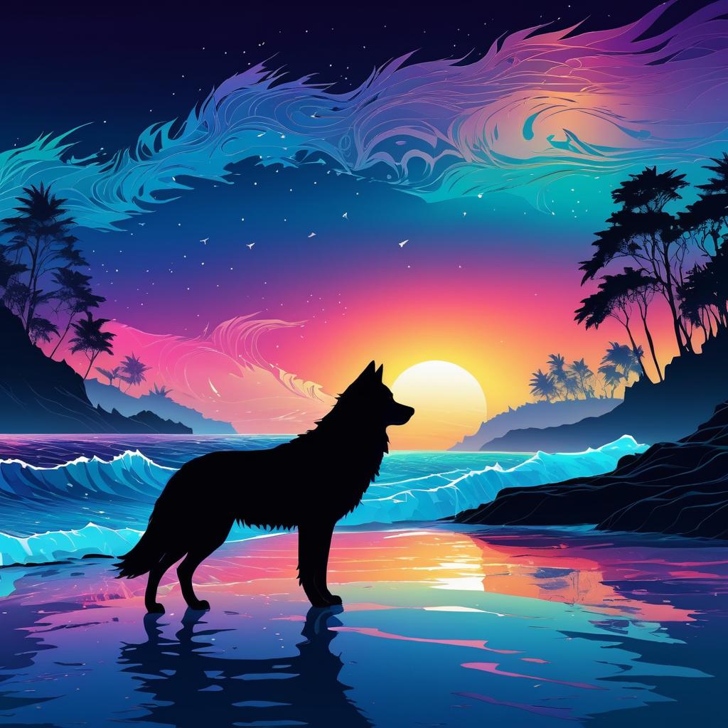 Surreal Wolf Silhouette with Ocean Scene