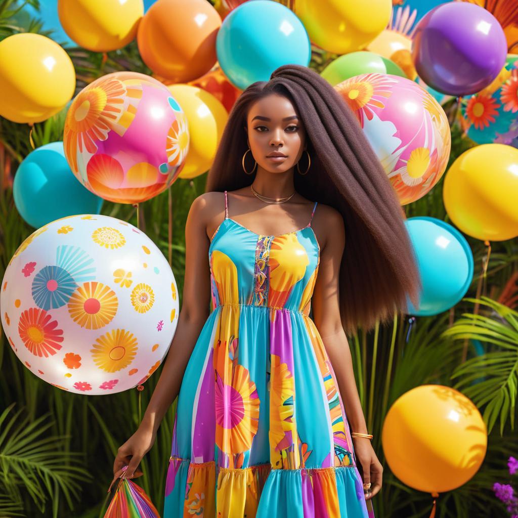 Vibrant Afrofuturism Girl with Balloons