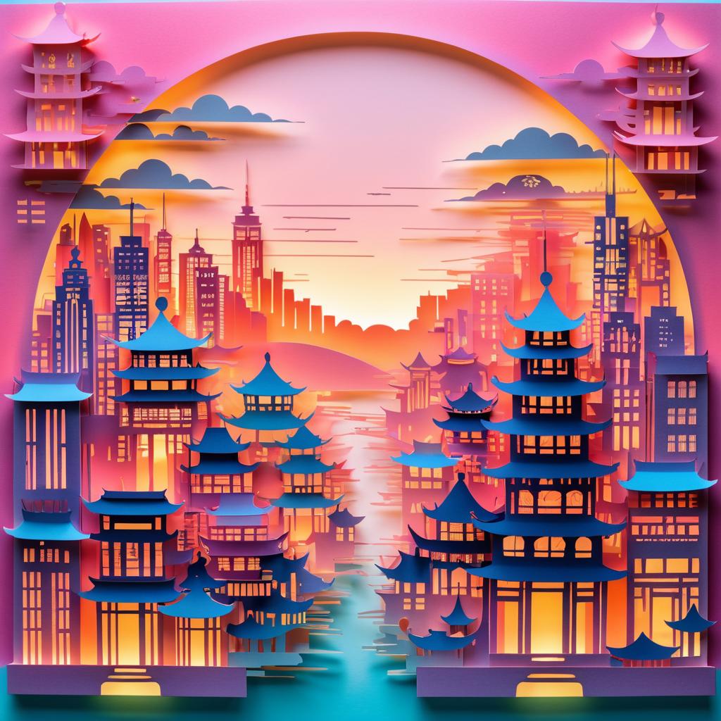 Dreamy Kirigami City Skyline at Sunset