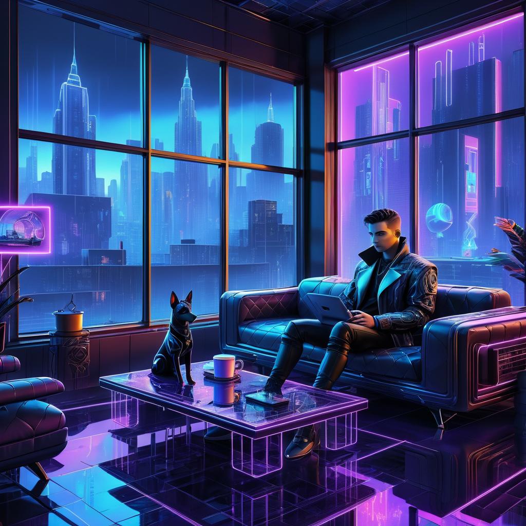 Cozy Cyberpunk Scene with Robotic Companion