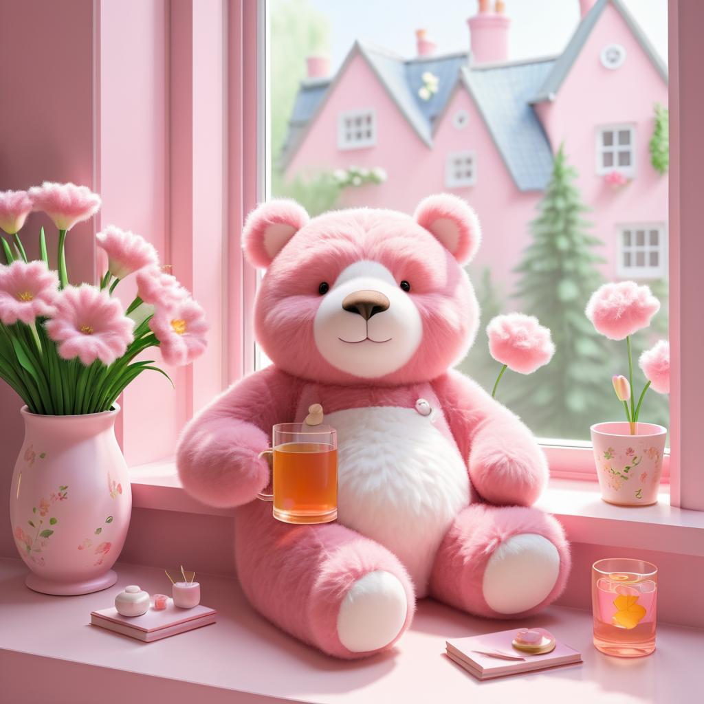 Cute Fluffy Pink Bear Enjoying Cider