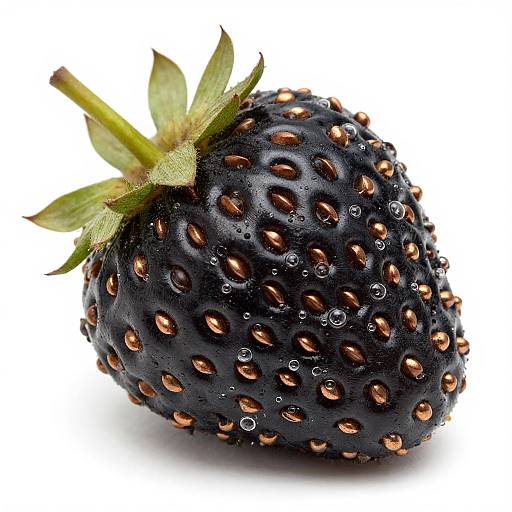Photograph of a black strawberry with shiny, copper-colored seeds, covered in water droplets, and green leafy top, set against a white background