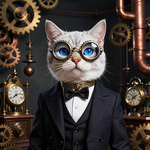 Digital artwork of a white cat with blue eyes wearing steampunk goggles, black suit, and bow tie, surrounded by gears and clocks.