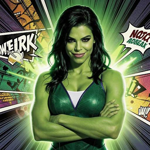 Digital comic-style image of muscular, green-skinned woman with long black hair, green leather top, crossed arms, glowing green background, bold text 