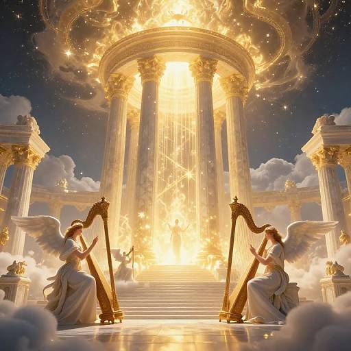 Digital art: Two winged angels with white dresses play harps before a radiant, fiery, neoclassical archway, surrounded by clouds and