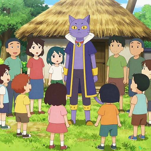 Anime Gathering Around Regal Cat Character