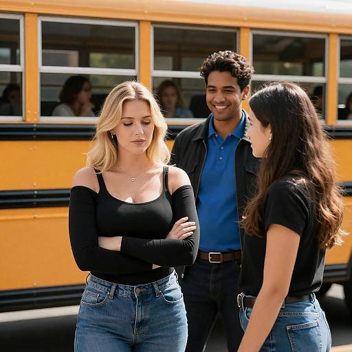 Three Friends by a Sunny School Bus