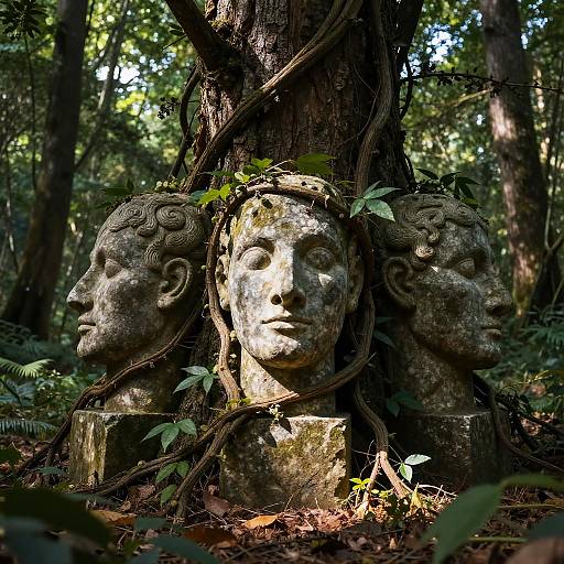 Stone Vine Heads in Ancient Forest