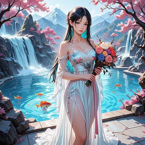 Colorful Hanfu Girl by Waterfall