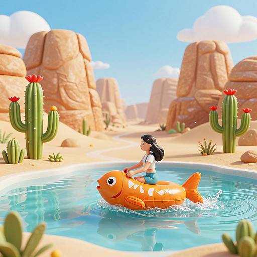 Cartoon-style image of a girl with black hair in a ponytail, wearing a white top and blue shorts, riding an orange inflatable fish in a