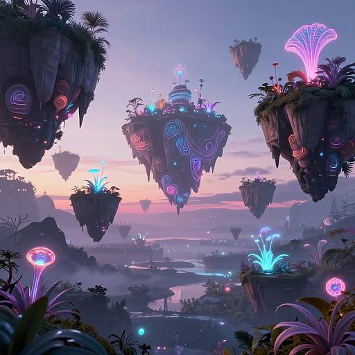 Digital fantasy artwork of bioluminescent floating islands with glowing mushrooms and neon patterns, set against a twilight sky with pink and purple hues.