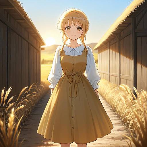 Young girl in country-style dress at golden hour farm