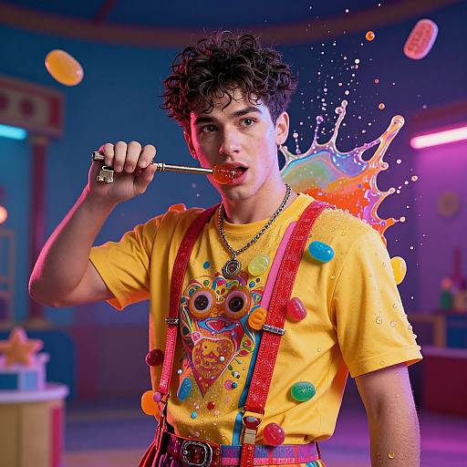 Photograph of curly-haired young man in yellow shirt with colorful buttons, candy suspenders, lollipop, and splashing candy background. Vibrant,