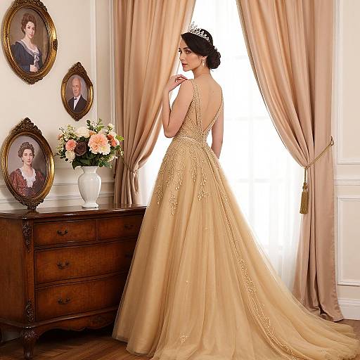 Photograph of a bride in a golden, backless, ball gown standing in a room with beige curtains, family portraits, and a wooden dresser with