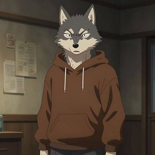 Anime Wolf in Hoodie Indoors