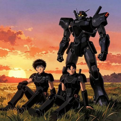 Anime-style digital illustration of two human mecha pilots in black armor sitting in grassy field at sunset, with a tall mecha standing behind them.