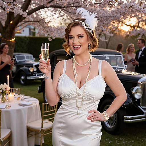 Photograph of a smiling, fair-skinned woman with red-brown hair in a vintage white dress and pearl necklace, holding a champagne flute under cherry