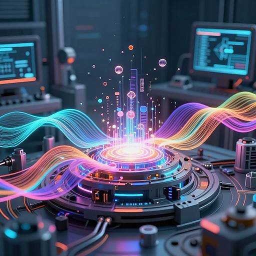 Digital CGI of a futuristic, glowing control panel with colorful, wavy light waves and floating orbs, surrounded by monitors in a dark, high-tech lab