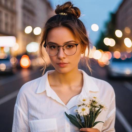 Young Woman with Glasses Holding Flowers at Twilight