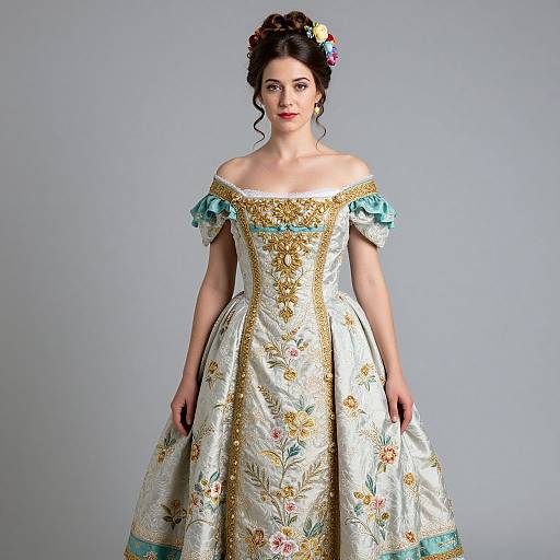 Photograph of a fair-skinned woman with dark hair in an updo, wearing an off-shoulder, white, floral-embroidered