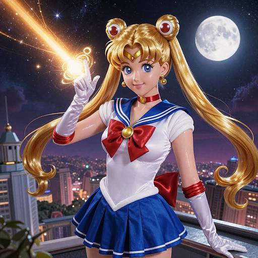 Digital anime-style illustration of Sailor Moon with long blonde hair, blue sailor uniform, red bow, and gloves, casting a magical aura against a moonlit