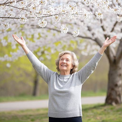Photograph of smiling elderly woman with short gray hair, wearing a light gray sweater, arms raised, standing under blooming cherry blossoms in a sunny
