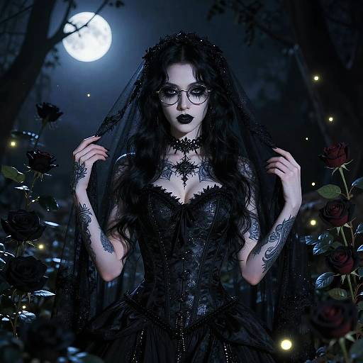Gothic woman with black lace dress, veil, tattoos, and glasses stands under moonlight, surrounded by dark roses and glowing lights. Digital art