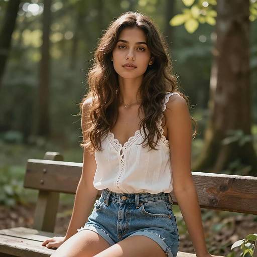 Photograph of a young woman with long, wavy brown hair, wearing a white lace-trimmed blouse and denim shorts, sitting on a wooden