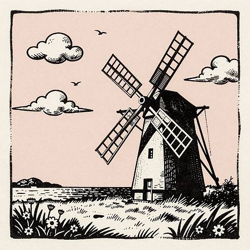 Windmill Wood Engraving Illustration