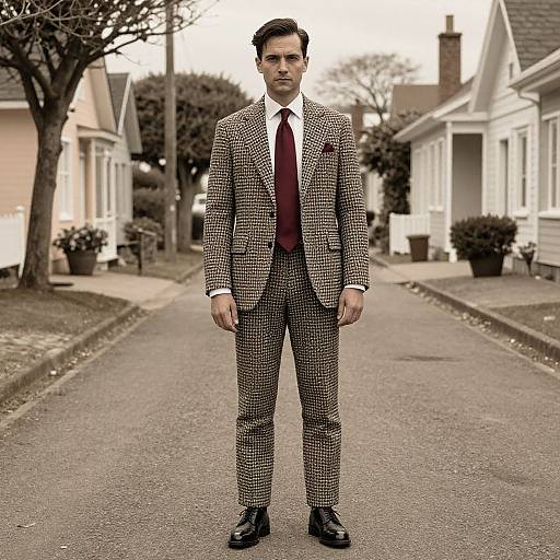 Photograph of a serious-looking man in a black-and-white checkered suit, red tie, and black shoes, standing on a suburban street.