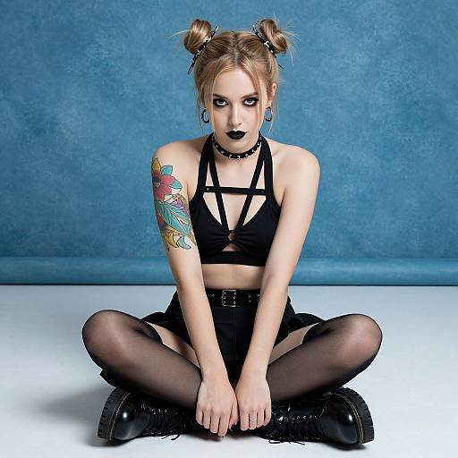 Photograph of a pale-skinned, blonde woman with black lipstick, goth makeup, double buns, black strappy top, black shorts,
