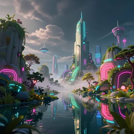 Neon-lit futuristic cityscape with glowing skyscrapers, vibrant neon lights, misty river, and lush greenery, under a cloudy night